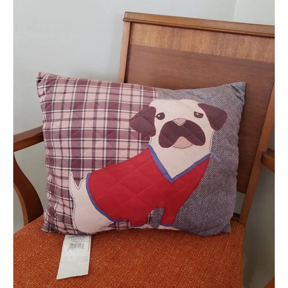 Dog Pillow Pug‎ Quilted Plaid 18 x 15 Decor Herringbone Canine Soft Plush Throw